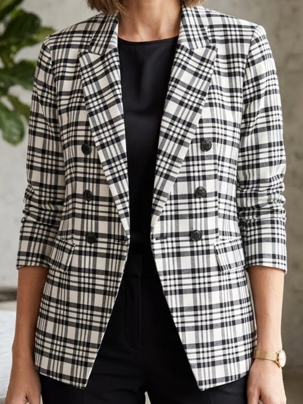 Maison d’Amelie Paris Blazer Jacket Black White Plaid stretch double breasted XL
